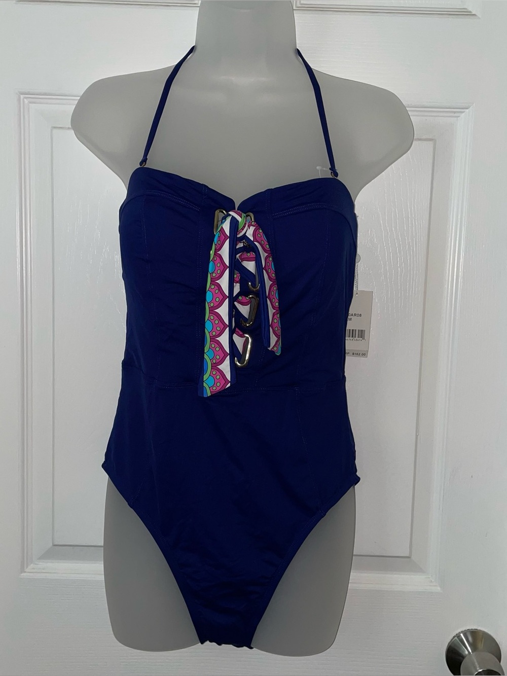NWT Trina Turk Paradise Plume Bandeau Lace Up One Piece Swimsuit Size 10